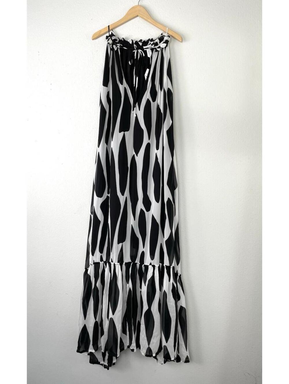 EVARAE Melody Silk Blend Maxi Dress NWT Black White Belted Luxury Resort 6